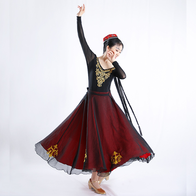 Falda de práctica de baile de Xinjiang, falda grande, falda de examen de arte occidental, Falda de baile de media longitud roja y negra
