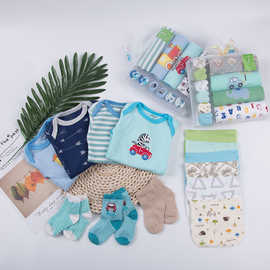 婴儿长袖三角哈衣+袜子手巾套装 宝宝送礼沙袋礼盒装 连体衣套装