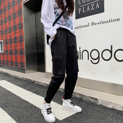 网店代理爆款工装裤女2019春宽松高腰修身潮流休闲九分束脚运动裤|ru