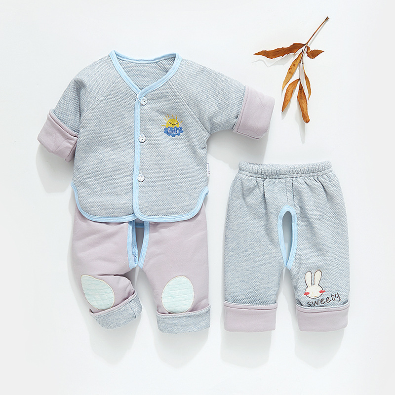 婴儿薄棉衣套装新生儿衣服提花薄款春秋外出宝宝外套0-3个月6夹棉|ms