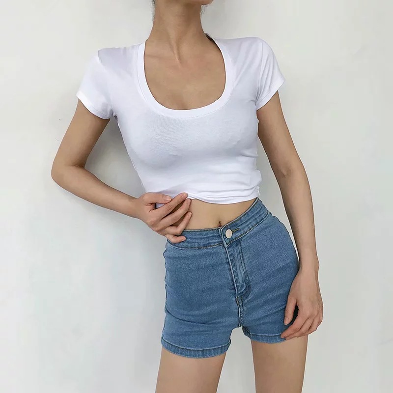 high-waist solid color short-sleeved t-shirt   NSAC39387