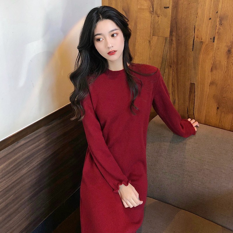 9948法式初恋梗桔复古超仙女针织毛衣修身加厚中长款打底连衣裙子