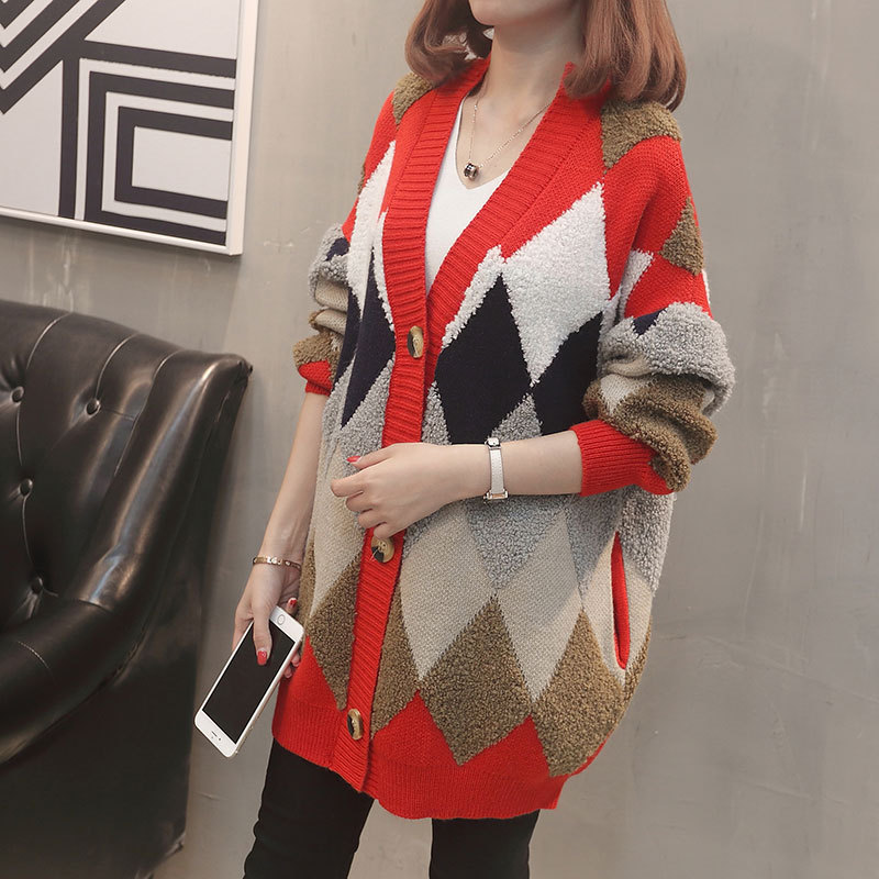 Cárdigan de punto con cuello en V y bloques de color, estilo coreano, holgado y adelgazante, con estampado de rombos, novedad primavera-otoño 2026 image 4