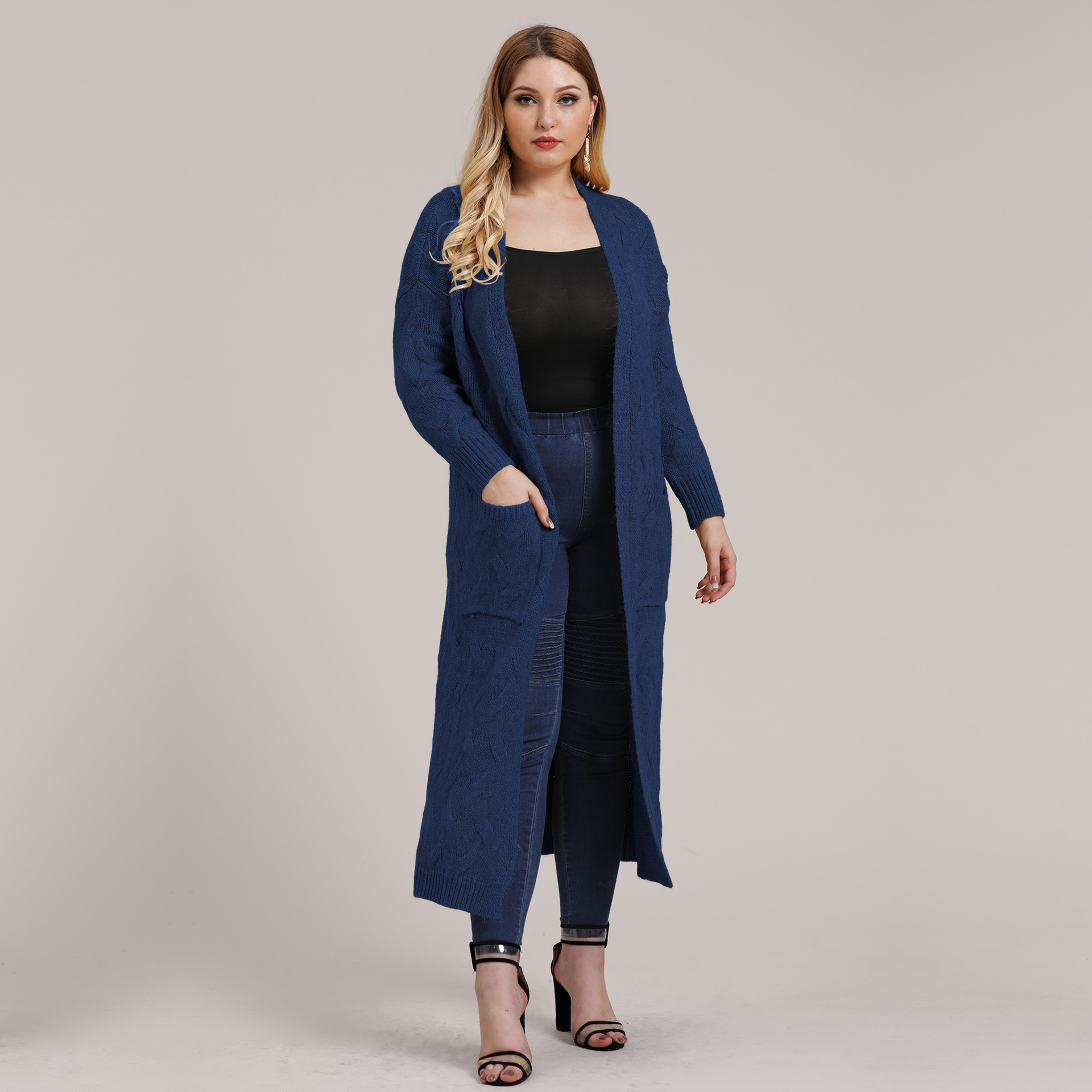 Plus size solid color knit cardigan NSOY45935