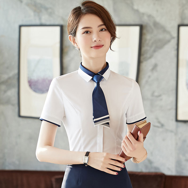 쉬폰 면접복 여성용 여름 원피스 전문 흰색 셔츠 반팔 셔츠 탑 슬림핏 작업복 여성용 B371