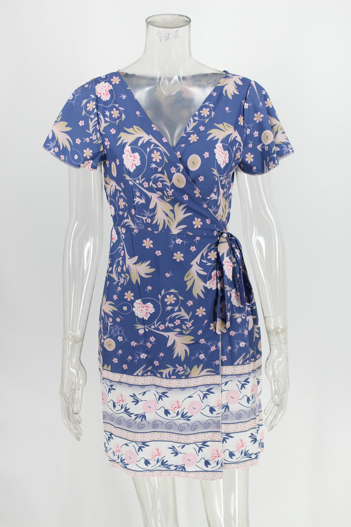 Vestido estampado de flores con cordones y manga corta con cuello en V NSJRM125256