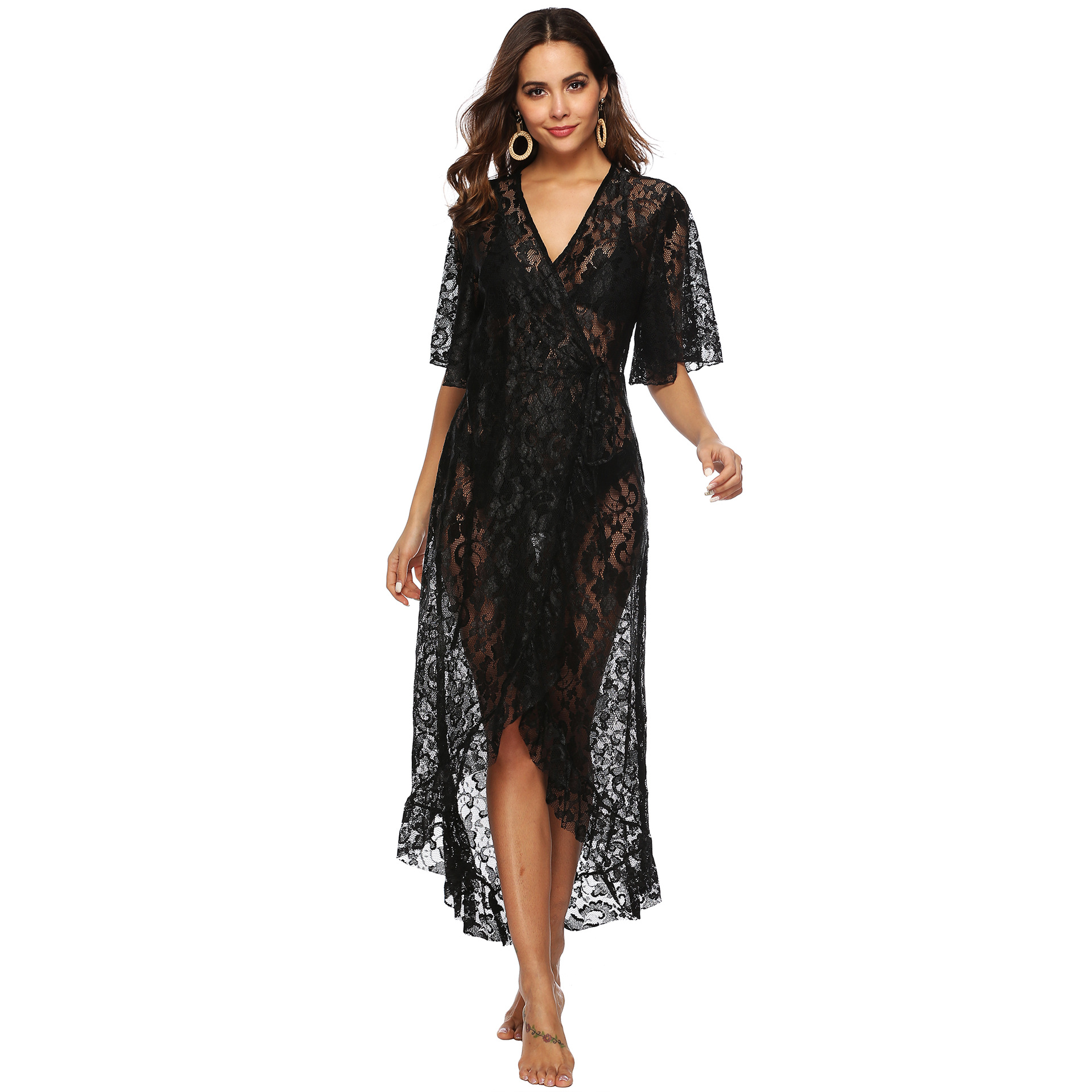 irregular ruffled loose see-through lace beach blouse  NSOY26771