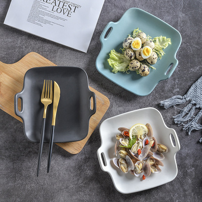 北欧陶瓷餐具家用菜盘西餐点心盘子双耳方形烤盘哑光早餐盘家碟子|ru