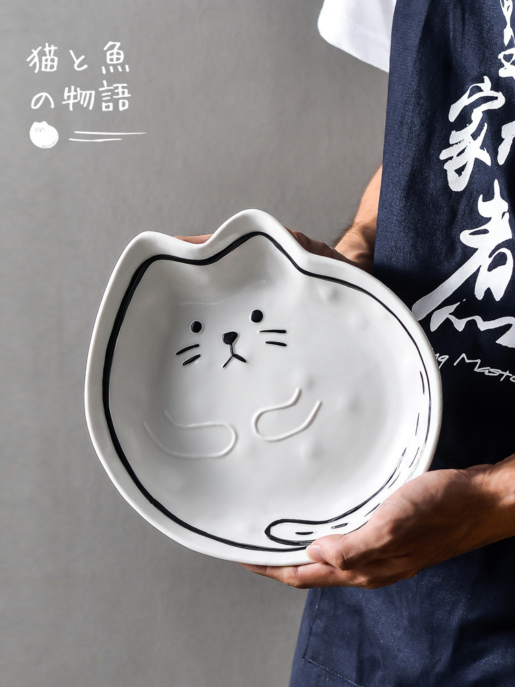 Japonés gato y pescado lindo creativo tazón de dibujos animados traje de cerámica ensalada tazón de verduras y frutas gran plato único