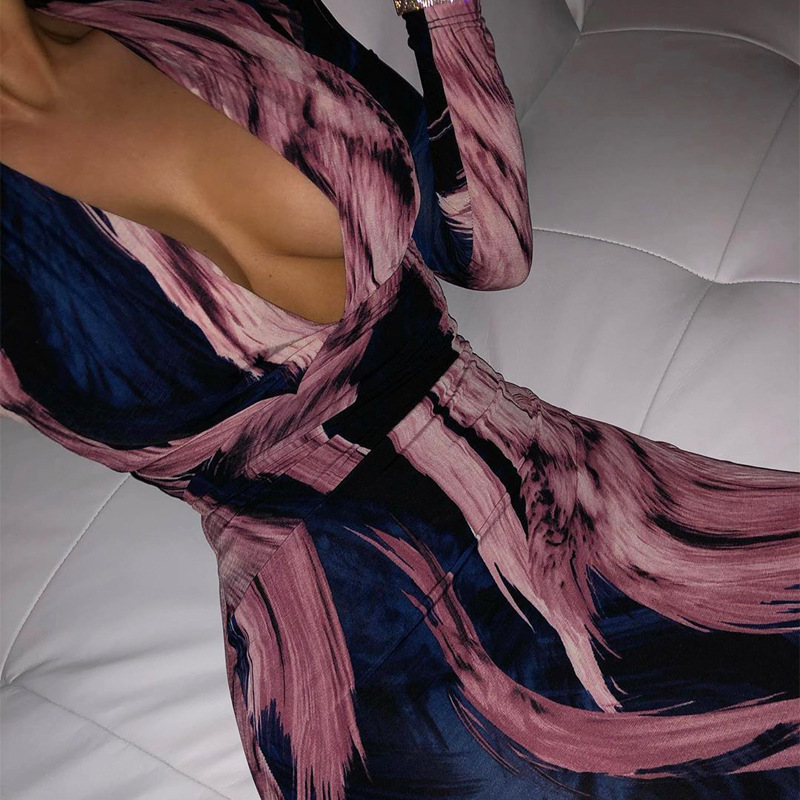 wholesale clothing vendor Nihaostyles long-sleeved V-neck irregular sexy waist dress  NSHTL67331