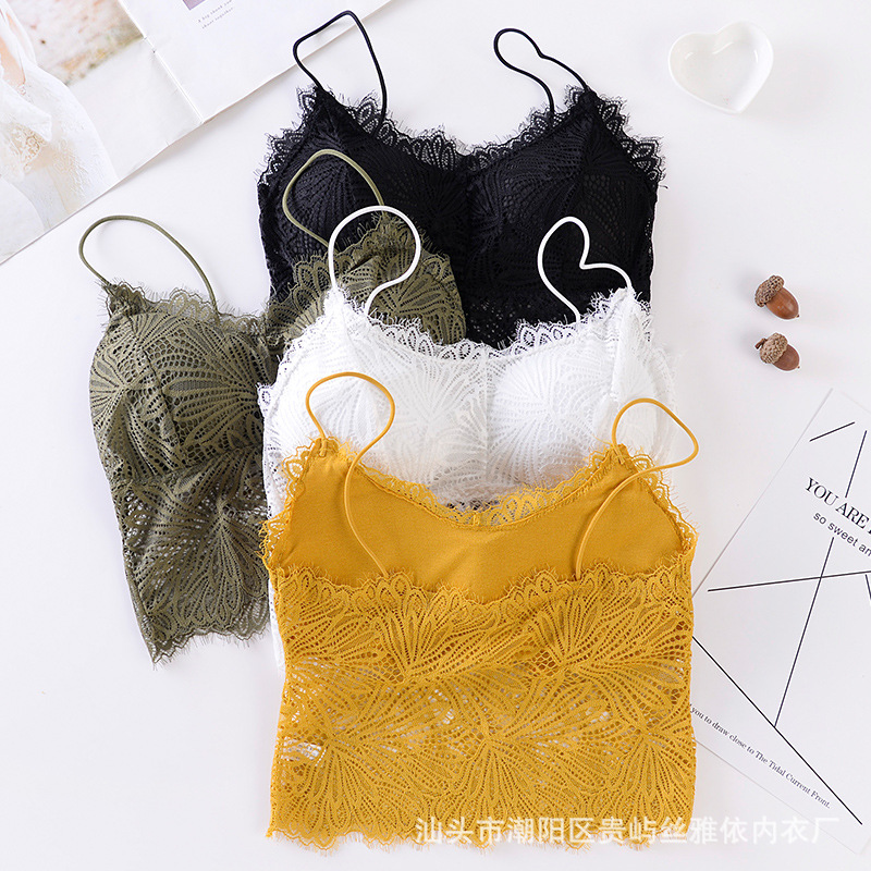 Nueva correa de hombro delgada encaje espalda envuelto pecho tubo superior sin anillo de acero con almohadilla de pecho bottoming camisola sujetador para las mujeres