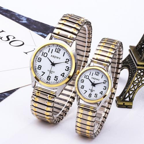 Running volume item number elderly elastic band watch for men, gold interlocking casual classic couple pair, factory direct supply