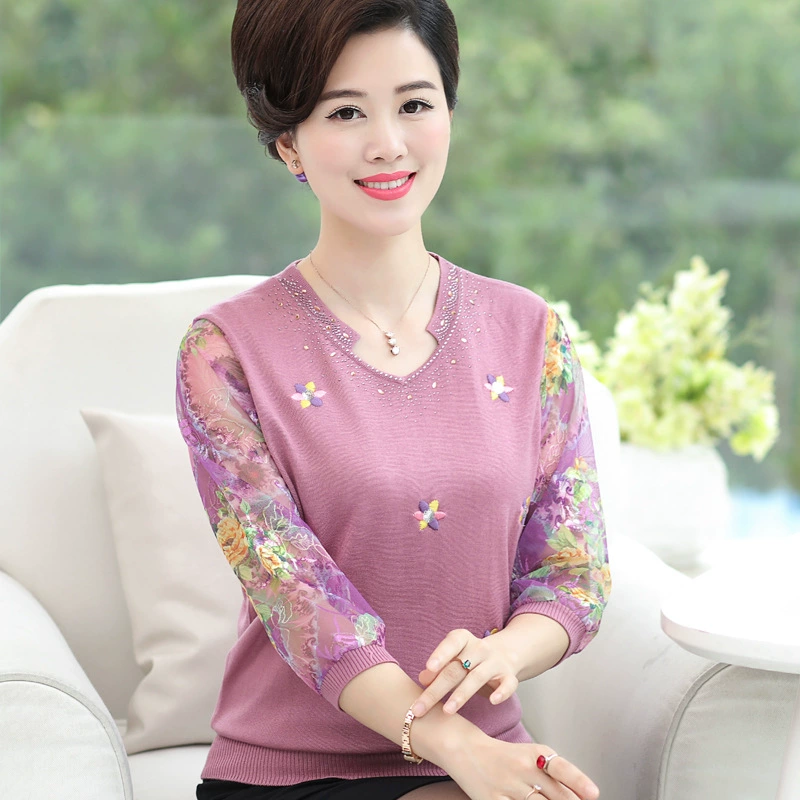 Весенняя одежда для мам, топ со средними рукавами, женская одежда среднего возраста, нижняя рубашка в западном стиле, весенне-осенняя тонкая футболка с длинными рукавами для среднего и пожилого возраста