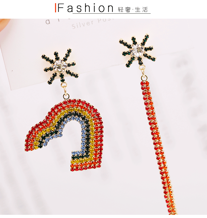 Fashion Earrings Rainbow Color Rhinestone Candy Love Tassel Asymmetric Temperament Earrings Women display picture 6