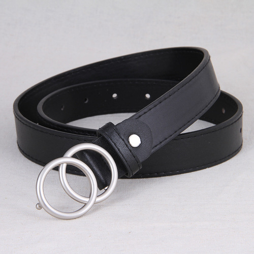 Belt for women with double round buckle for youth, simple and versatile, black Korean student denim belt, trendy fashionable personalized trouser belt