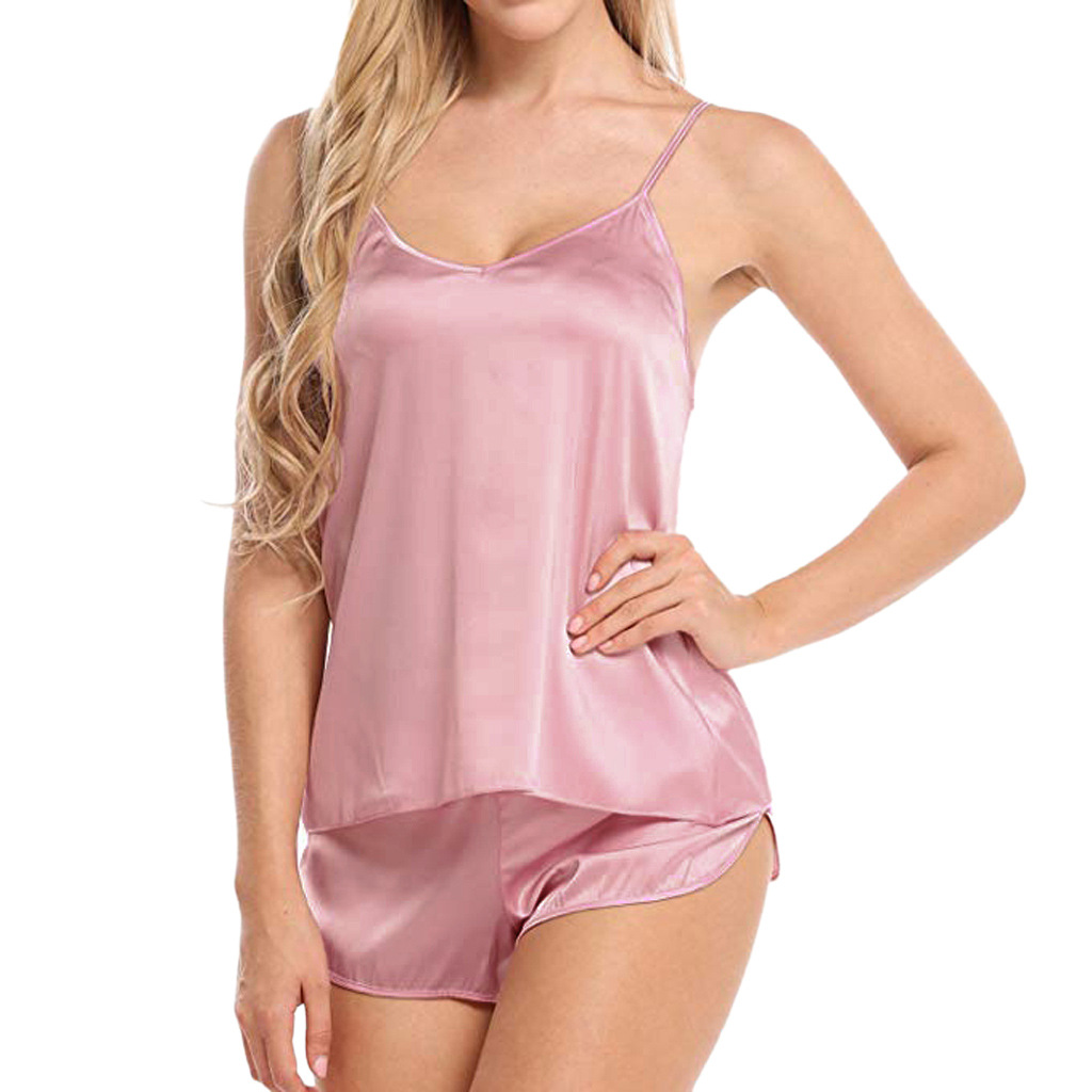 Spring and summer sexy silk women's pajamas suit V-neck Halter vest sleeveless shorts home clothes t1158