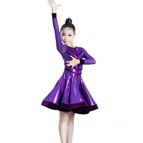 children violet red yellow compeititon latin dressess long sleeves Latin dance dress competition skirts for girls