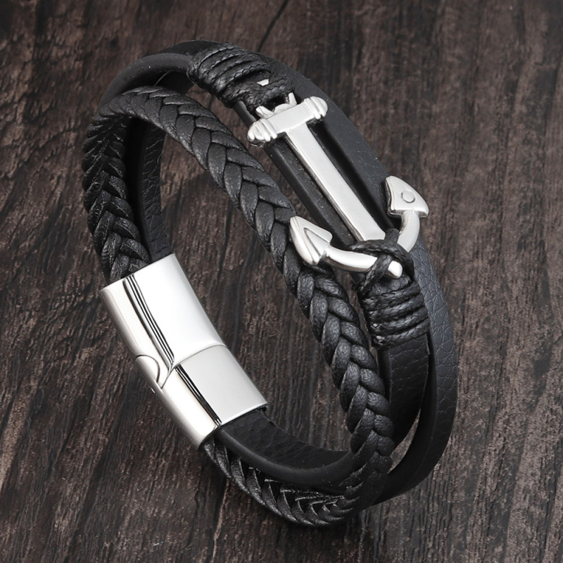 Men's stainless steel anchor bracelet European and American woven leather bracelet multi-layer leather bracelet bracelet L19111 Men's stainless steel anchor bracelet European and American woven leather bracelet multi-layer leather bracelet bracelet L19111