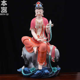 本器  陶瓷踩莲自在观音满彩坐岩观世音菩萨佛像家居供奉摆件厂家