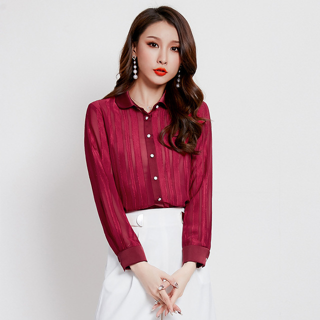 Autumn new semi-permeable blouse Lapel long sleeve shirt 