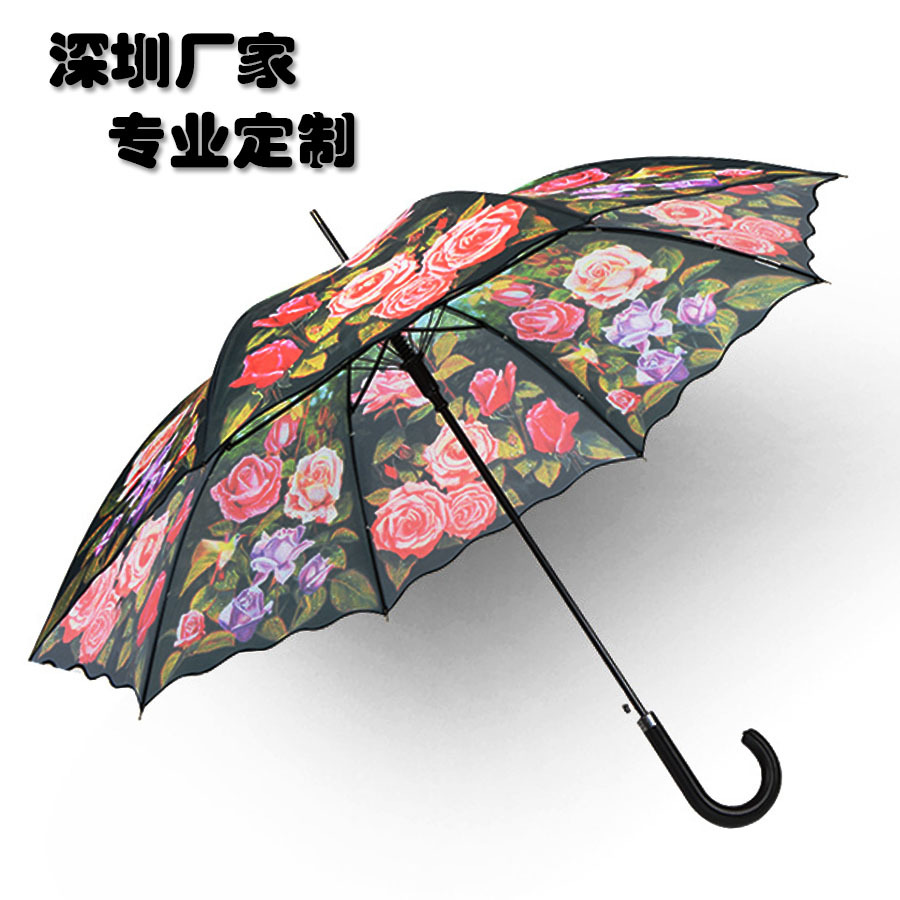 时尚弯柄女士直杆伞 小玫瑰花创意印花晴雨伞 直杆广告伞批发|ms