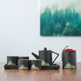 粗陶正把壶功夫茶具套装 手绘日式简约茶盘陶瓷茶壶茶杯整套礼盒