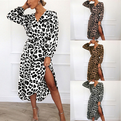 Women  stage performance leopard fashion dress V-neck Chiffon High Waist shirt dress Lace Irregular skirts for lady