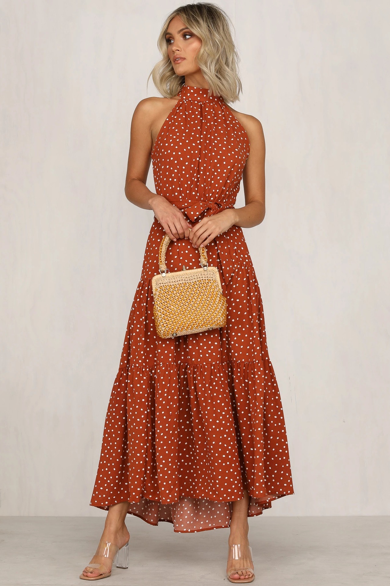 summer new women's polka dot round neck mid-waist sleeveless ruffled flounce dress NSYD3859
