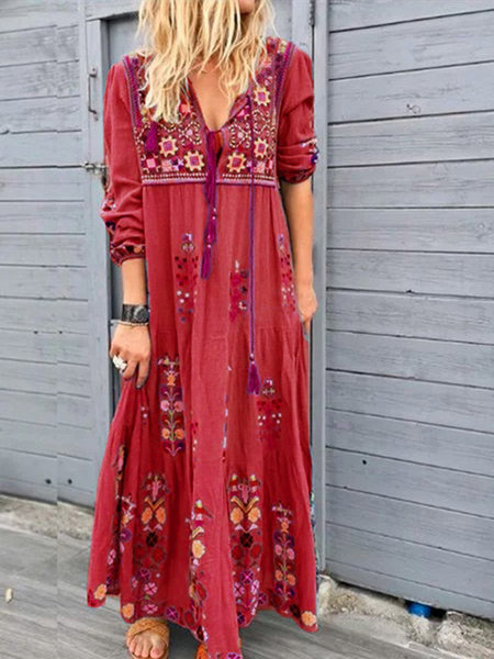 Style bohème européen et américain, positionnement sur le marché extérieur, imprimé floral patchwork, cravate à cordon long_voghion.com