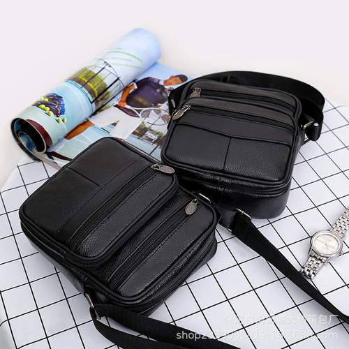 Wholesale genuine leather men's top grain cowhide unisex single-shoulder crossbody bag men's small bag with multiple zippers business bag
