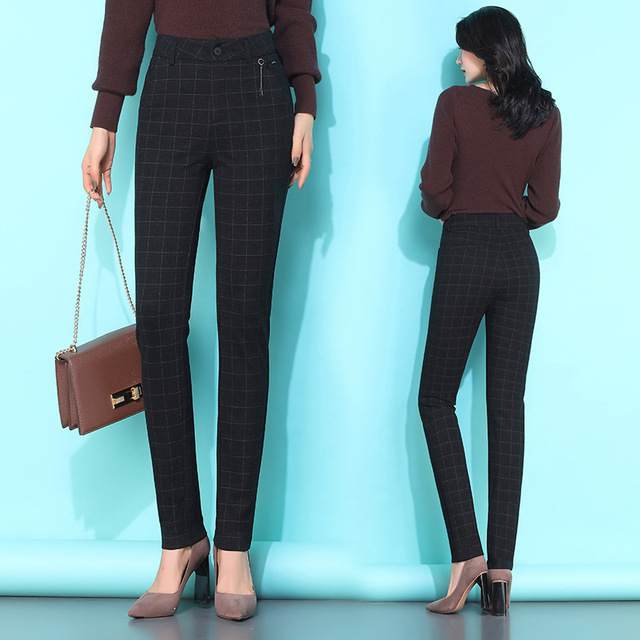 Autumn and winter 2019 new Plaid casual pants women’s slim size professional small leg straight tube casual pants suit p