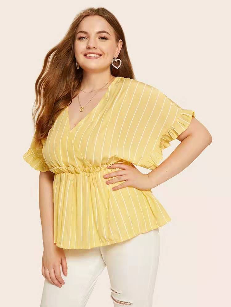 Plus Size Bat Sleeve Striped Deep V T-shirt NSCX39215