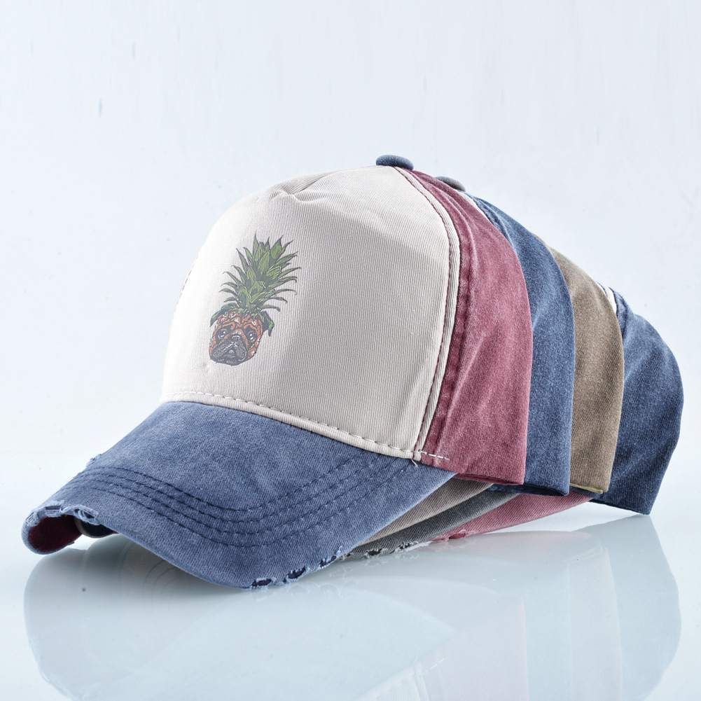Cappellino da baseball in denim lavato con stampa ananas e cane, ideale per donna, primavera/estate, street dance, hip hop, coppia, taglia unica, regolabile, con becco d'anatra._voghion.com