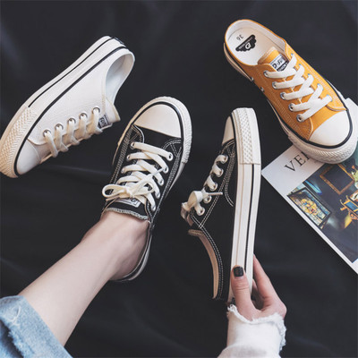 无后跟半拖鞋帆布鞋女2019春款夏百搭韩版学生平底一脚蹬懒人潮鞋