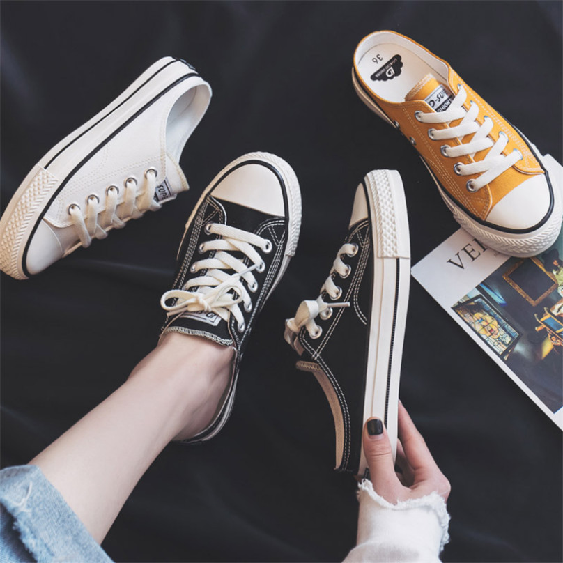 无后跟半拖鞋帆布鞋女2019春款夏百搭韩版学生平底一脚蹬懒人潮鞋