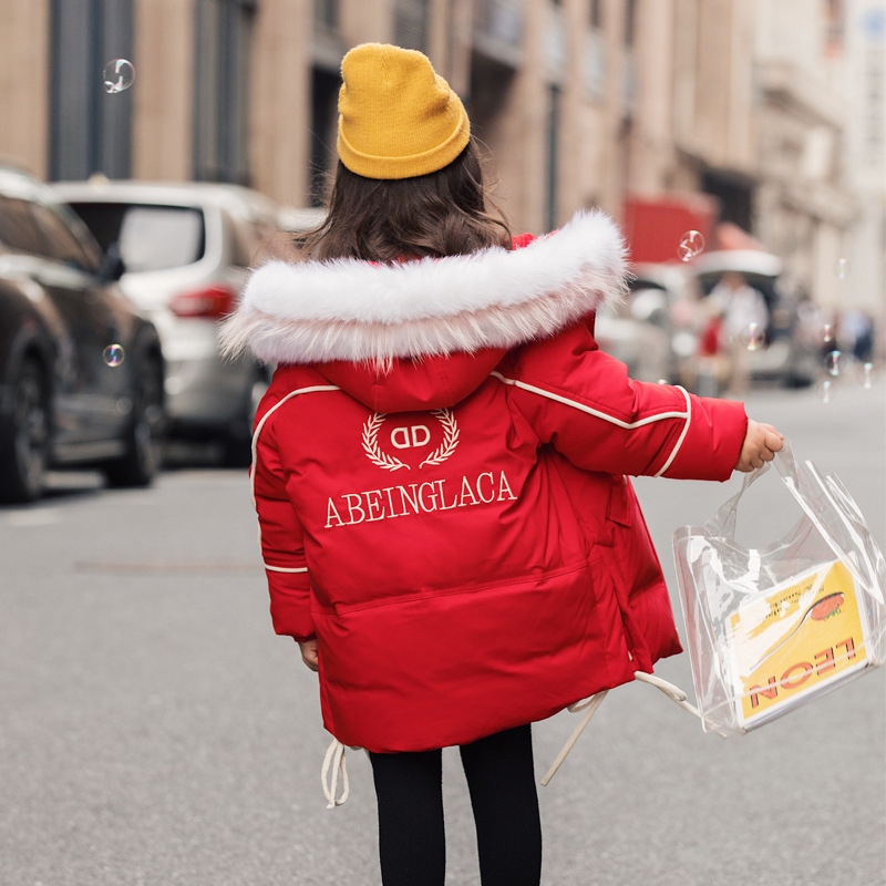 Children Down 2019 new pattern girl Mid length version thickening Korean Edition Western style baby girl coat Children's clothing