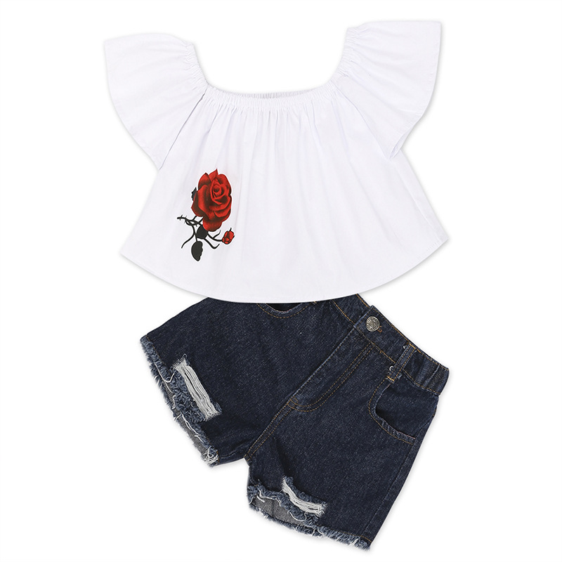 Ins European and American summer children's short sleeve Shorts Girls' set rose off shoulder t-hole jeans two-piece set