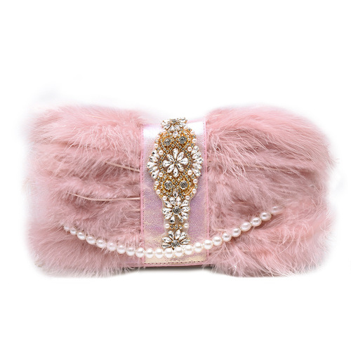 Turkey and ostrich feather diagonal fur inclined shoulder bags for women bag Pearl chain diamond fur Dinner banquet party Plush bag