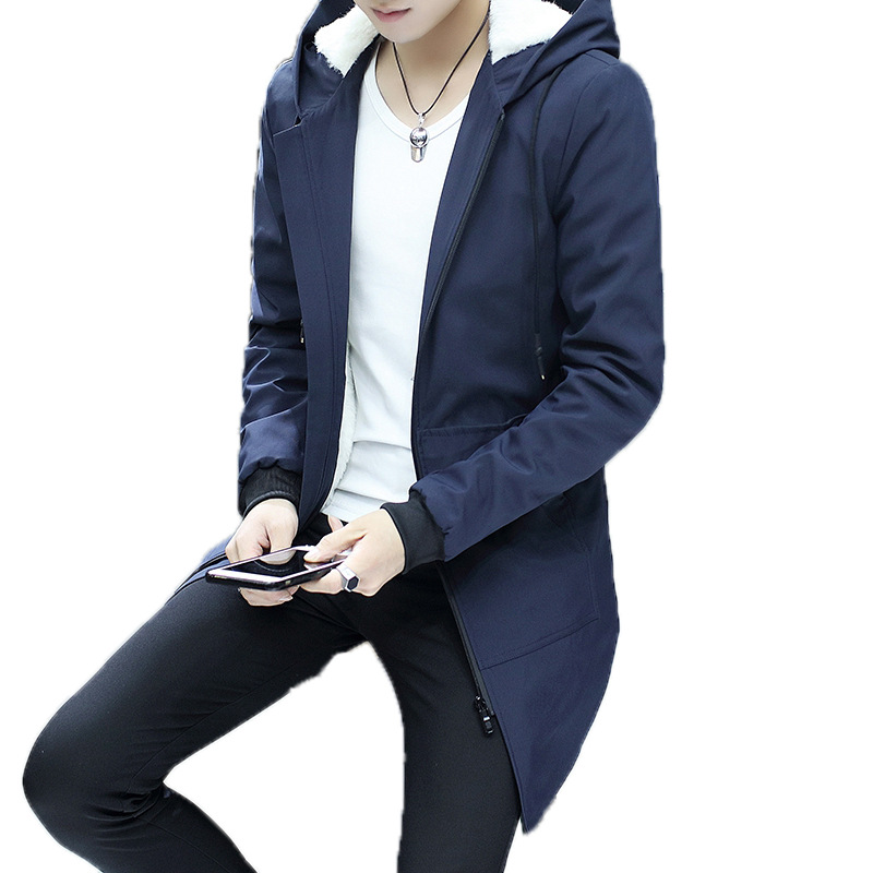 Invierno de los nuevos hombres de longitud media cazadora con capucha de los hombres de estilo coreano juvenil casual forrado de lana engrosada chaqueta ropa de abrigo de los hombres