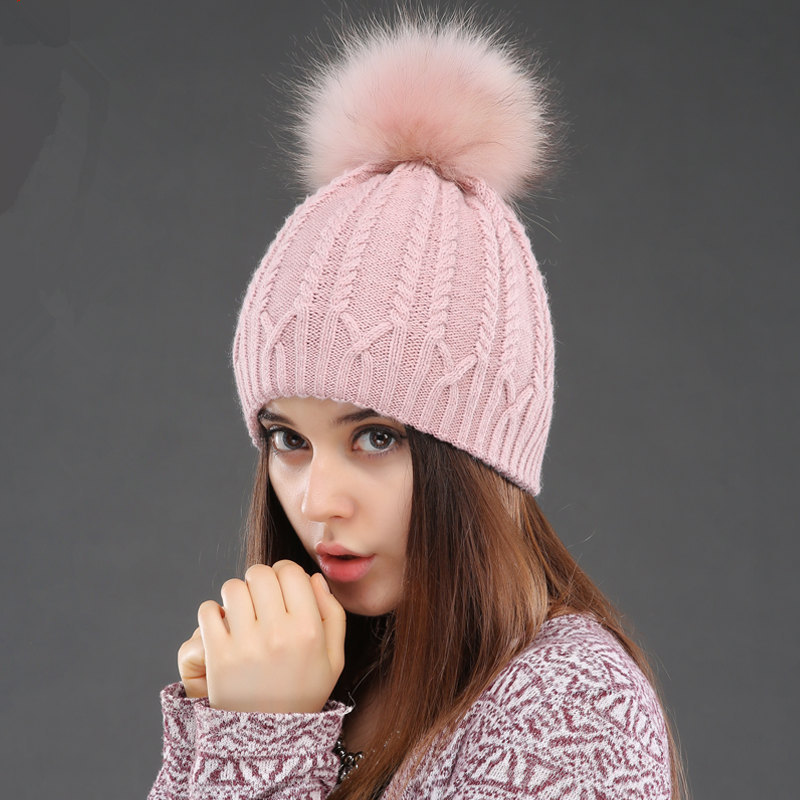 Vinterstickad varm ull för kvinnor mårdhundboll Öronskydd Enfärgad mångsidig dubbellagers tröjahatt_voghion.com