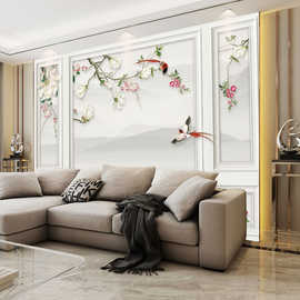 新中式玉兰花鸟壁纸壁画定制墙纸客厅电视背景墙沙发背景墙无纺布