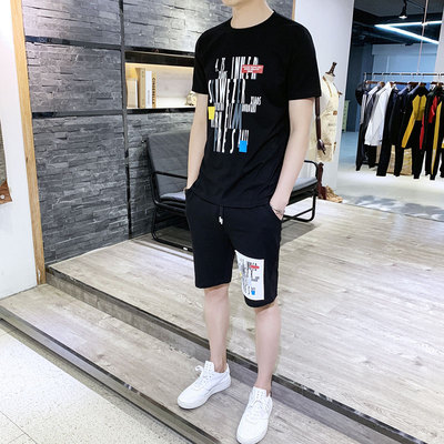2019新款夏季男士日常休闲韩版潮流修身短袖短裤精美印花套装男|ms