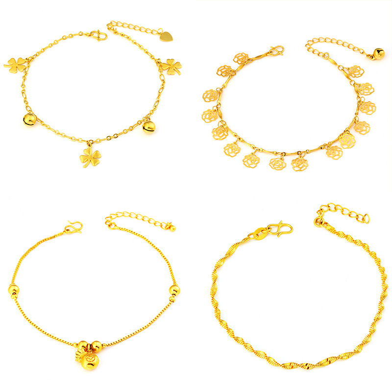 Venta al por mayor estilo coreano campana suerte bolsa chapado en oro tobillera mujer trébol Vietnam arena oro tobillera playa chica tobillera