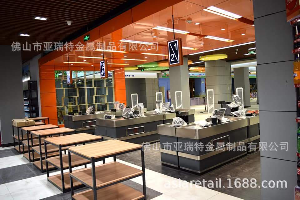 佛山工厂直销木纹超市收银台收款台不锈钢包边小斜坡