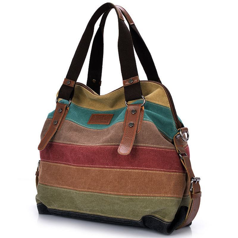 2024 New Rainbow Striped Fashion Splicing Women's Washable Canvas Shoulder Bag_voghion.com
