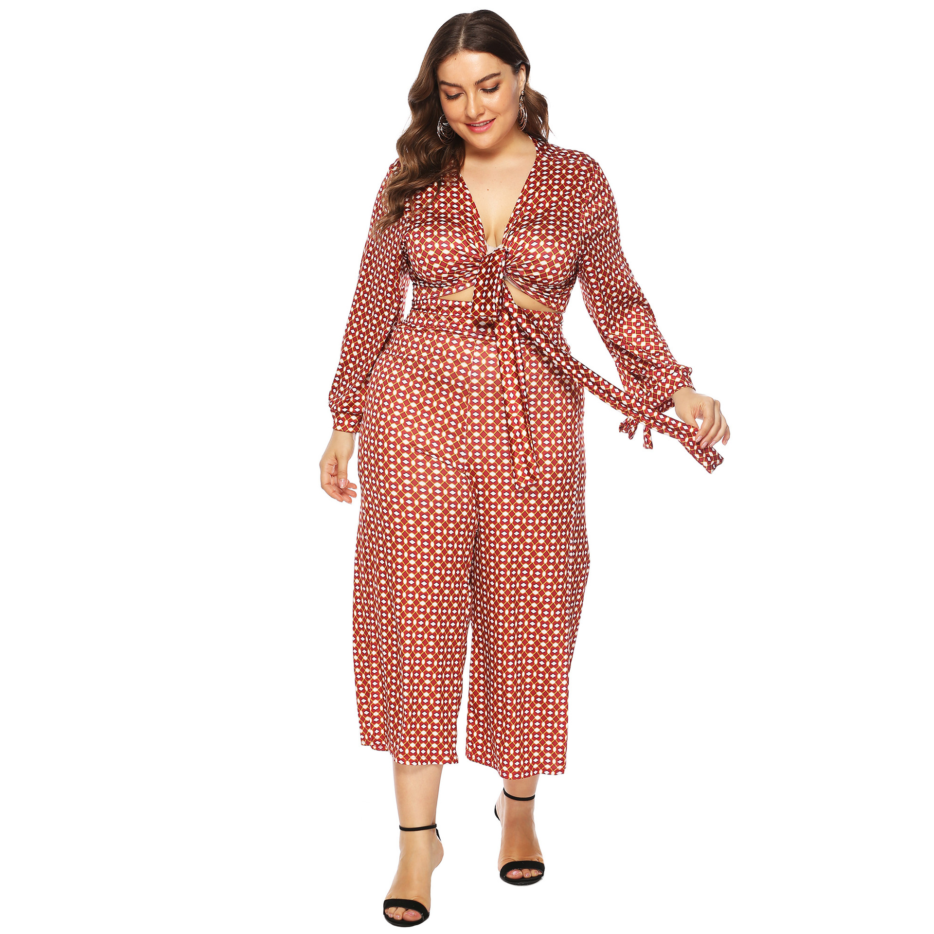 plus size polka dot print tie long sleeve split cropped trousers top suit NSOY27366