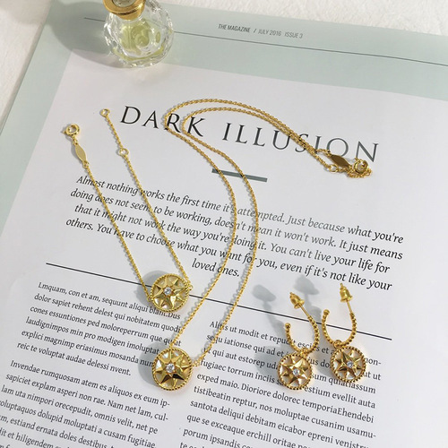 【07】Korean Version Ins Niche Design Sense Eight-pointed Star Single Diamond Compass Octagram Chaos Flower Zodiac Necklace Set