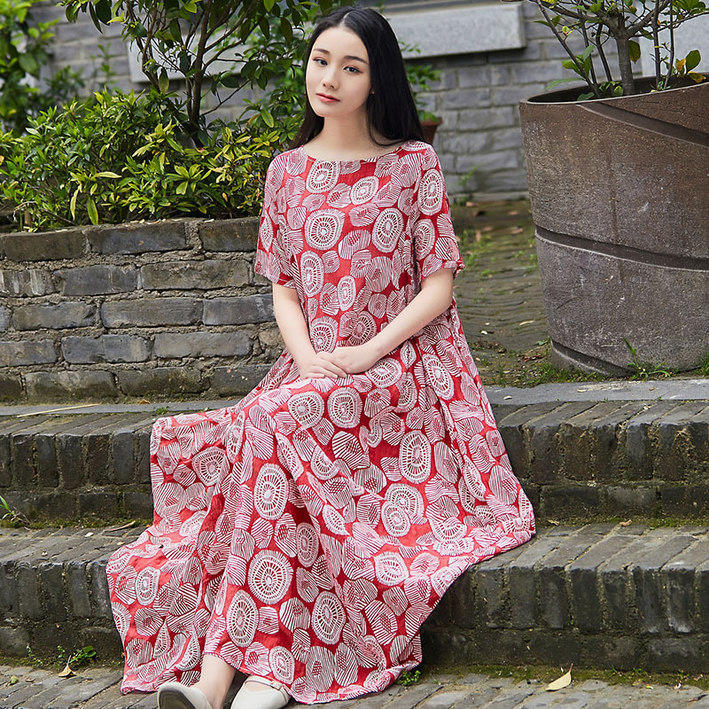 Yang Liping Cotton and Linen Dress Linen Long Dress Loose Large Size Mid-length Ethnic Style Women's Dress Robe