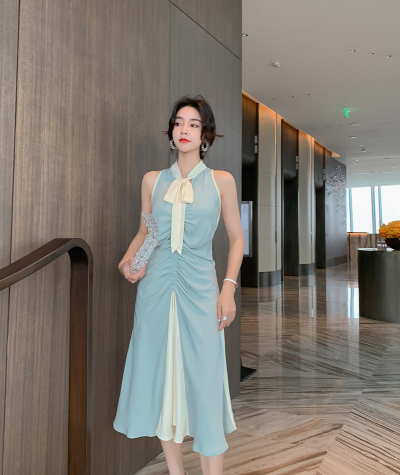 Đầm maxi nữ thắt eo cổ buộc dây xếp ly thanh lịch — Màu xanh lam chi tiết 10
