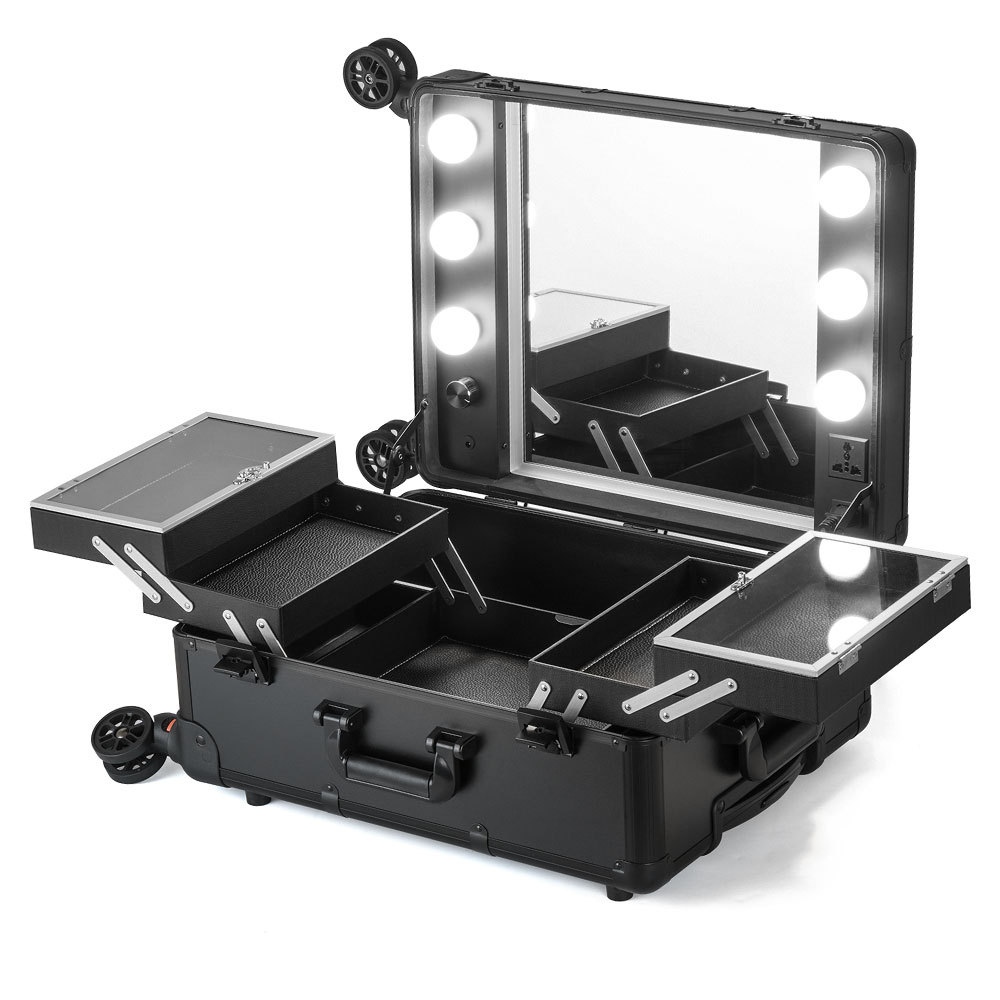 Espejo completo, atenuación de tres colores, caja de maquillaje profesional con luz, barra de tracción, rueda universal multicapa, caja de maquillaje y maquillaje 508